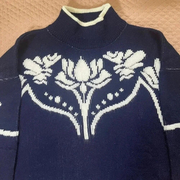 Vintage David Brett Women's Sweater M Blue & white Floral Mockneck retro y2k 80' - Picture 3 of 8